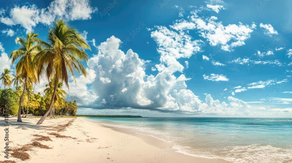 Tropical beach with palm trees and sand panoramic banner Tropical beach with palm trees and sand panoramic banner