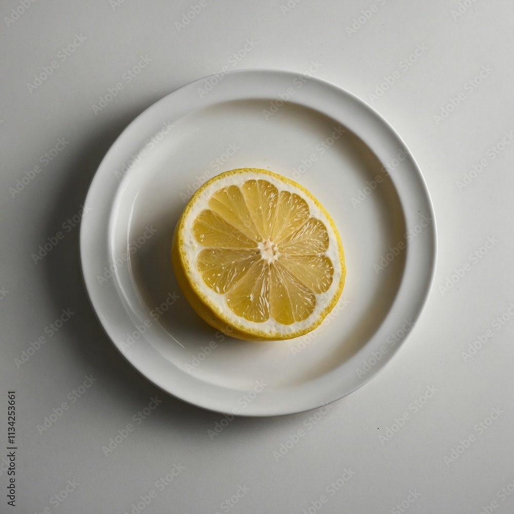 A single lemon slice on a clean white plate with no distractions. A single lemon slice on a clean white plate with no distractions.