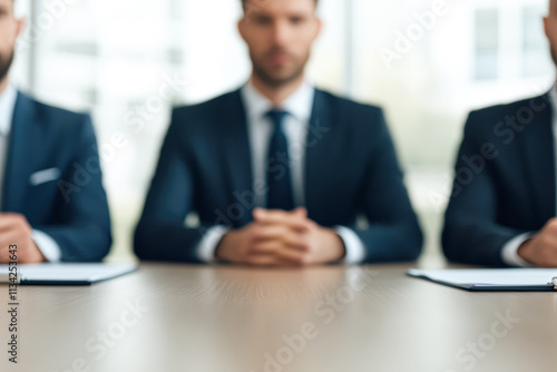 Three men in suits sit at a table, one of them writing on a piece of paper