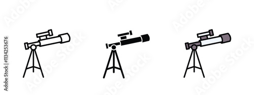Set of 3 "Telescope" icons with 1 line, 1 silhouette n 1 colored icon with an unexpanded vector inside - Telescope icon representing space exploration & stargazing science astronomy & discovery theme