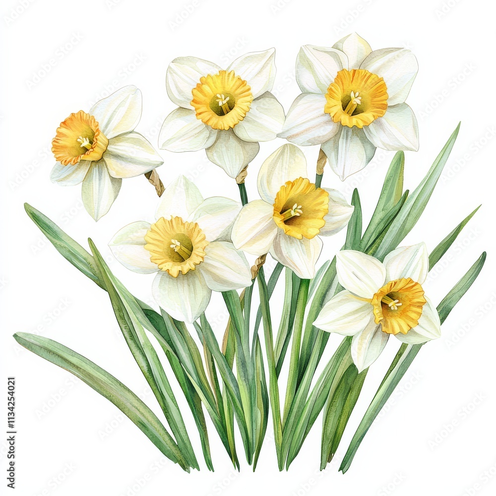 A bouquet of white and yellow daffodils with green leaves, showcasing their elegant petals and vibrant centers. A bouquet of white and yellow daffodils with green leaves, showcasing their elegant petals and vibrant centers.