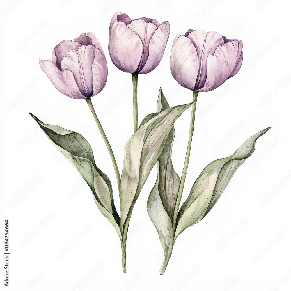 Fototapeta premium Three delicate lavender tulips with green leaves, showcasing a soft, artistic style perfect for floral decor or spring themes.