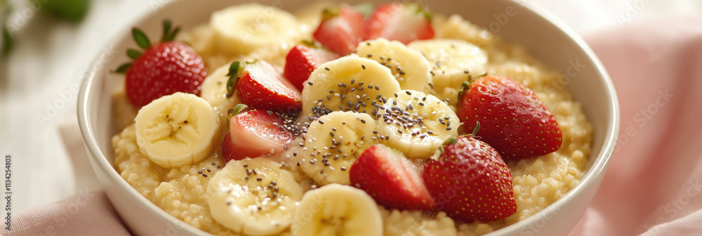 Healthy Breakfast Bowl with Foxtail Millet, Fresh Fruits, and Chia Seeds in Pastel Setting Healthy Breakfast Bowl with Foxtail Millet, Fresh Fruits, and Chia Seeds in Pastel Setting