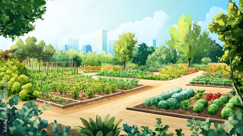 Obraz premium Vibrant urban garden with diverse plants and city skyline view.