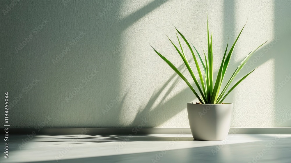 A potted plant casts shadows on a sunlit floor, enhancing a serene indoor atmosphere. A potted plant casts shadows on a sunlit floor, enhancing a serene indoor atmosphere.