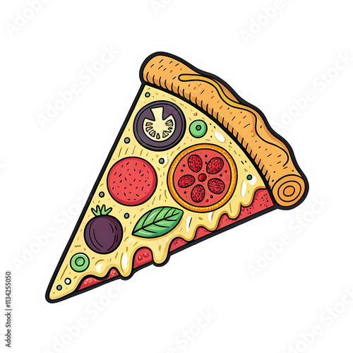 Colorful Pizza Slice with Toppings , Cartoon Style, Hand-Drawn Retro Illustration, Vibrant Pop Art Vector Design.