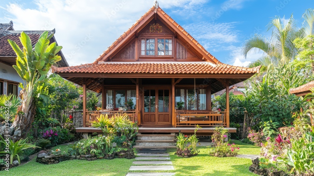 Tropical garden with wooden house in Bali, Indonesia. Tropical garden with wooden house in Bali, Indonesia.