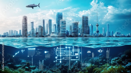 Underwater city infrastructure with urban skyline. photo