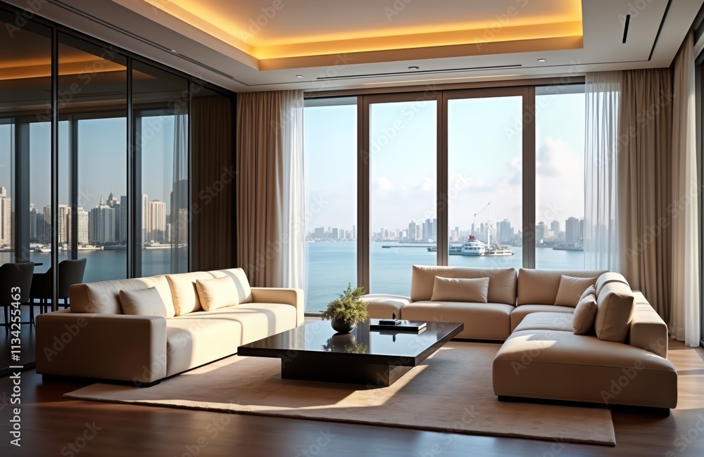 Luxury living room with panoramic city, sea views. Modern furniture in light beige color creates calm atmosphere. Spacious, comfortable space for relaxing, entertaining guests. Elegant, stylish Luxury living room with panoramic city, sea views. Modern furniture in light beige color creates calm atmosphere. Spacious, comfortable space for relaxing, entertaining guests. Elegant, stylish