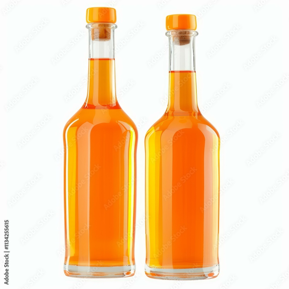 Two elegant glass bottles filled with a vibrant orange liquid, sealed with corks and orange caps, stand against a white backdrop Two elegant glass bottles filled with a vibrant orange liquid, sealed with corks and orange caps, stand against a white backdrop