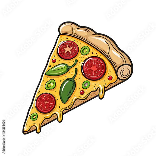 Colorful Pizza Slice with Toppings , Cartoon Style, Hand-Drawn Retro Illustration, Vibrant Pop Art Vector Design.