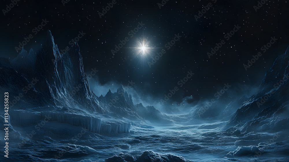 A star shines in the sky seen from space on an icy planet, creating a breathtaking cosmic scene.
A star shines in the sky seen from space on an icy planet, creating a breathtaking cosmic scene.