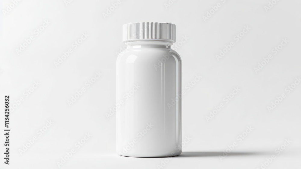 High-quality white supplement bottle mockup against a plain white background, no label. High-quality white supplement bottle mockup against a plain white background, no label.
