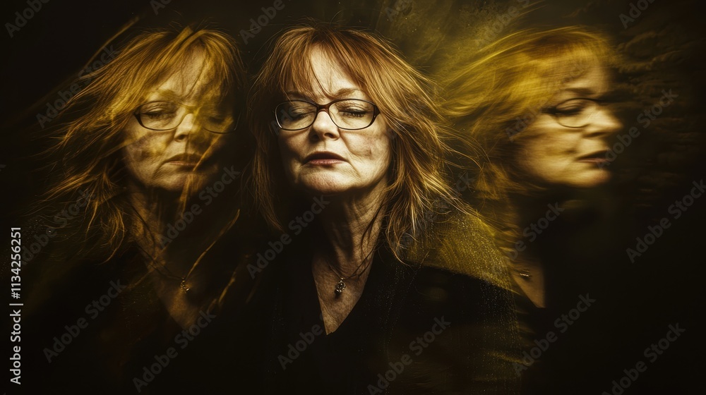 Woman with flowing hair and multiple reflections in artistic portrait