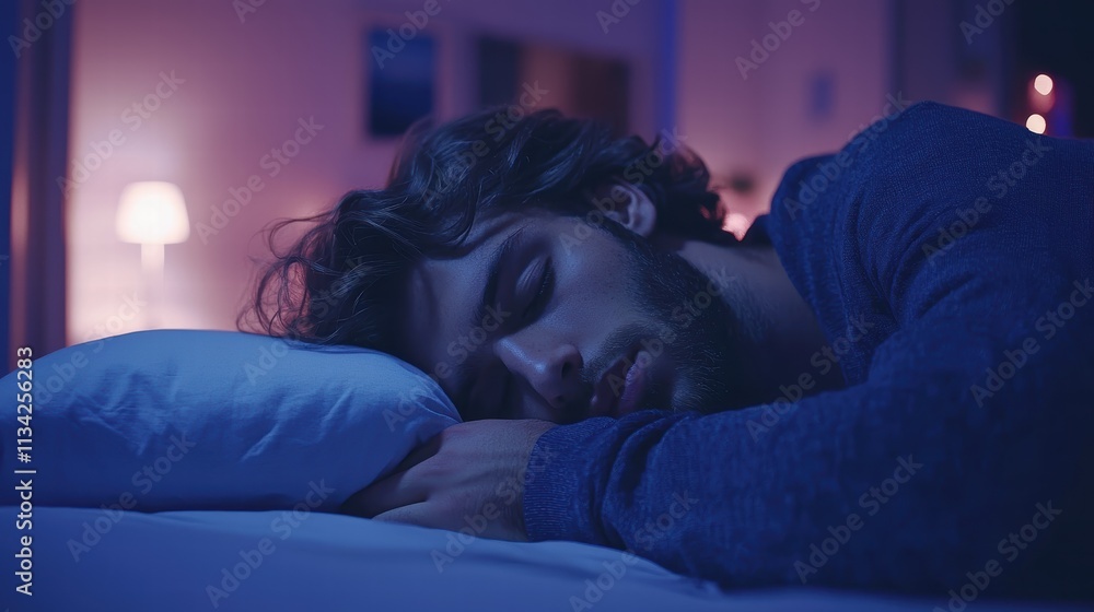 Peaceful Young Man Asleep in Soft Lighted Bedroom at Night Peaceful Young Man Asleep in Soft Lighted Bedroom at Night