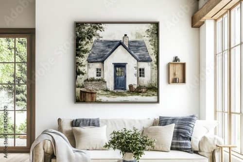 A framed painting of a house with a blue door
