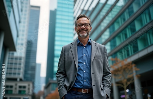 Confident businessman walks near modern glass office building. Smiles. Urban scene. Successful professional. Daytime. Business attire. City background. Modern architecture. Businessman. Pro. Urban