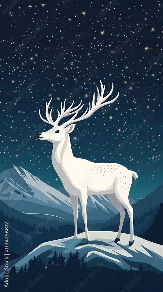 A majestic white deer with perfect antlers, on the mountain and the view of the stars in the beautiful sky A majestic white deer with perfect antlers, on the mountain and the view of the stars in the beautiful sky