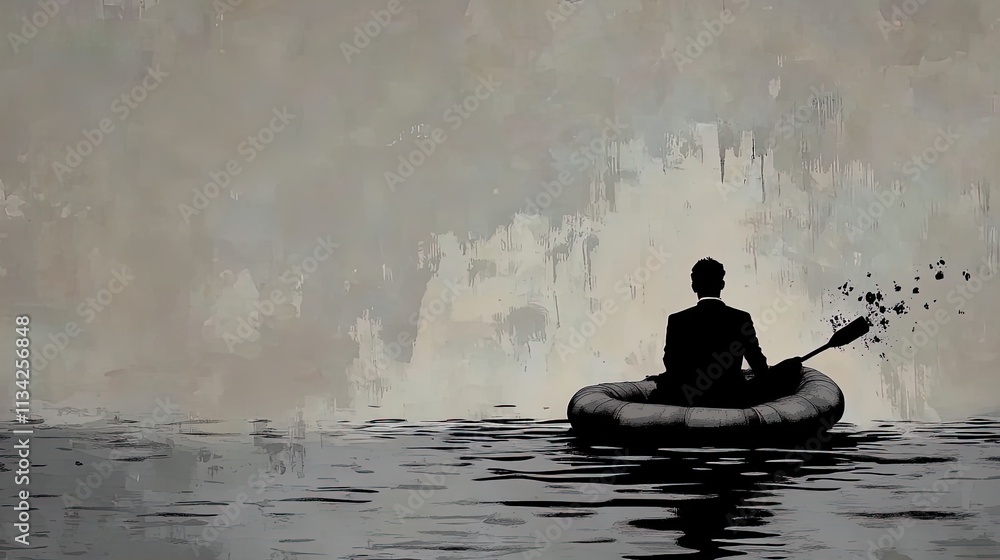 Solitary Businessman in a Gray Raft: An Intense Reflection on Isolation and Ambition – Perfect for a Sports Interior Poster, Evoking Mood and Depth in Any Space. Solitary Businessman in a Gray Raft: An Intense Reflection on Isolation and Ambition – Perfect for a Sports Interior Poster, Evoking Mood and Depth in Any Space.