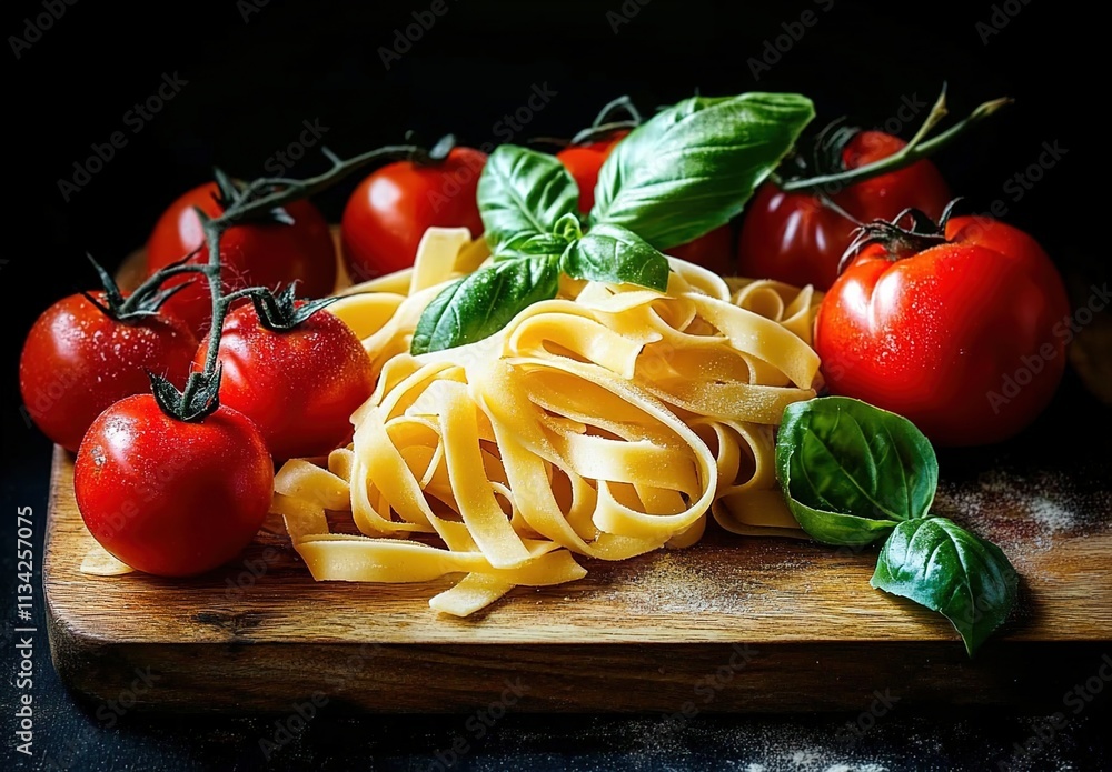 Fettuccine pasta with tomatoes and basil on a wooden board, against a dark background. Fettuccine pasta with tomatoes and basil on a wooden board, against a dark background.