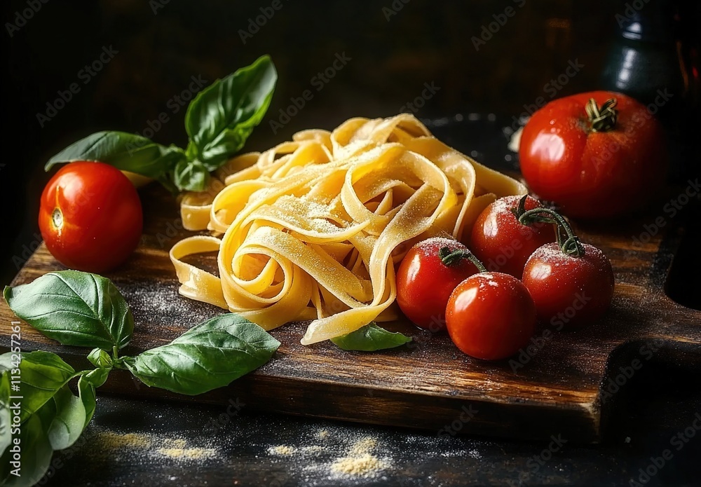 Fettuccine pasta with tomatoes and basil on a wooden board, against a dark background. Fettuccine pasta with tomatoes and basil on a wooden board, against a dark background.