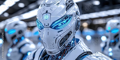 A futuristic robot with glowing blue eyes, showcasing advanced technology and sleek design, stands at the forefront of a group of similar robots.