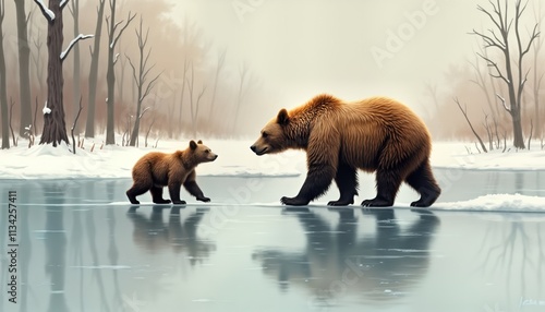 Mother bear, cub walk on winter ice. Frozen lake reflecting forest, trees. Wildlife scene. Winter landscape. Animal family. Nature scene. Winter wonderland. Bear family. Majestic animals. Wildlife photo