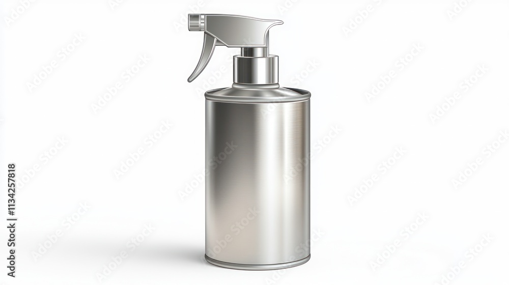 Silver metallic spray can with mist sprayer, shown in a side tilted position. Silver metallic spray can with mist sprayer, shown in a side tilted position.