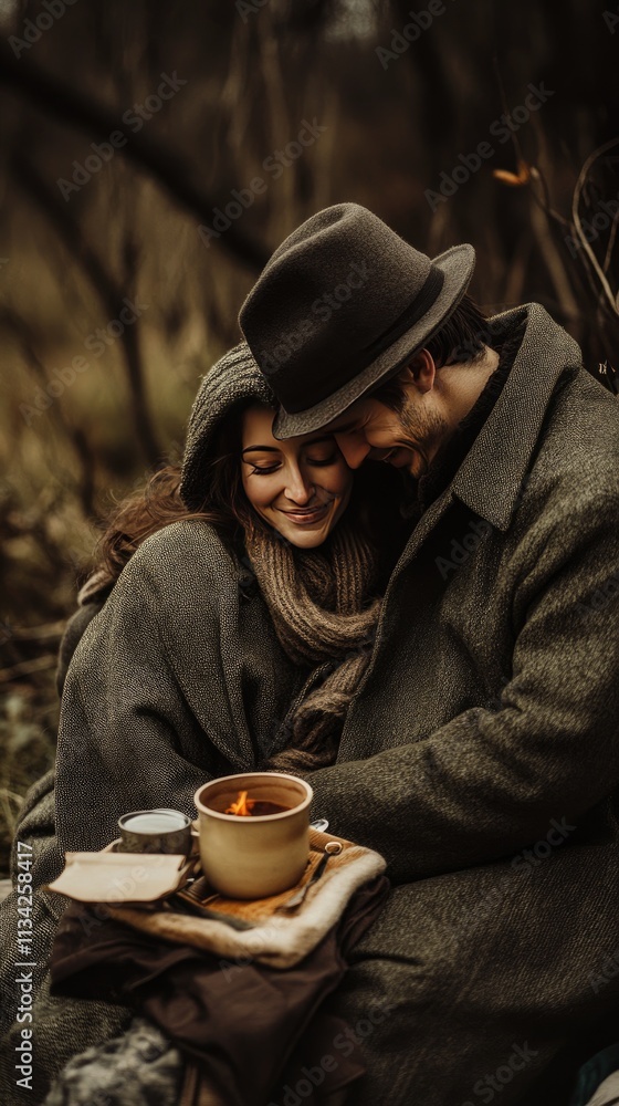 Cozy Couple Embracing in Nature with Warm Drink on a Chilly Day Cozy Couple Embracing in Nature with Warm Drink on a Chilly Day