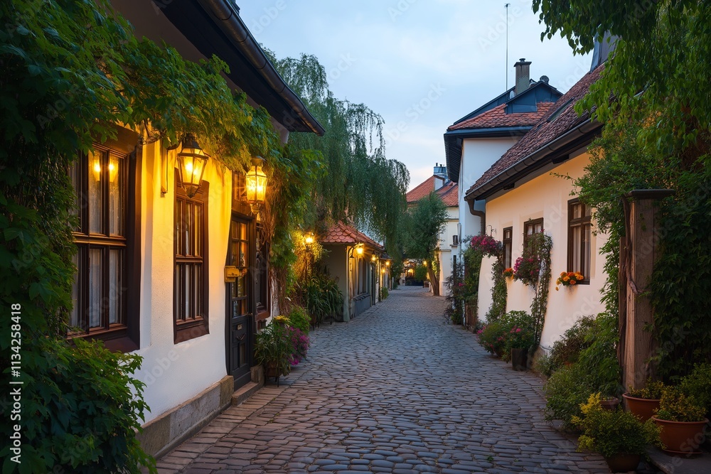 Fototapeta premium A serene old town with cobblestone streets and vintage lanterns lit at dusk