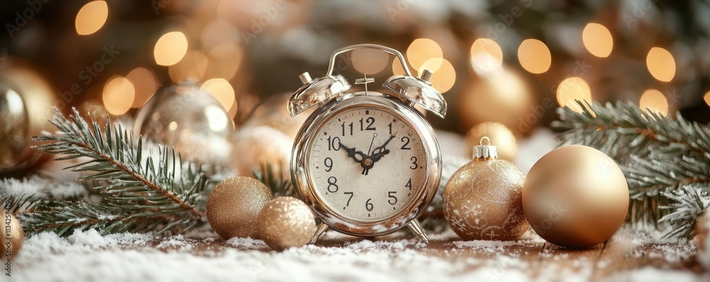 A clock with the hands at 3:00 and a tree branch with Christmas ornaments A clock with the hands at 3:00 and a tree branch with Christmas ornaments