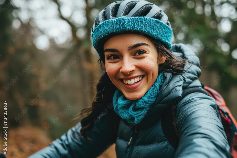 Smiling Woman in Winter Gear Enjoying a Cycling Adventure in the Forest Smiling Woman in Winter Gear Enjoying a Cycling Adventure in the Forest