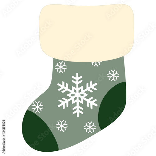 Sage green stocking for Christmas with cute snowflake pattern. Vector illustration.
