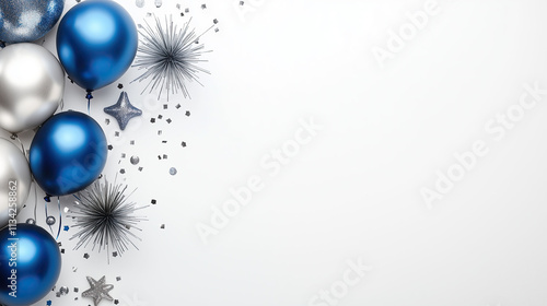 White bg with blue/silver balloons, fireworks on left, spacious white area for text. Top-down, high-res, pro color grade, soft shadows, low contrast, sharp focus, film grain