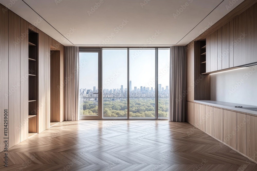 Obraz premium A large open room with a window overlooking a city