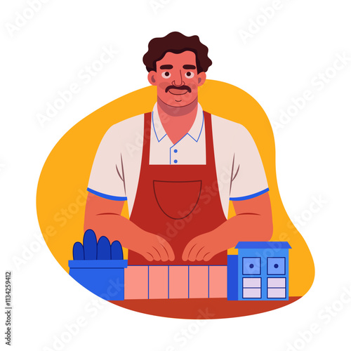 A flat illustration of a shopkeeper selling things 