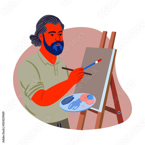 An Artist painting on a canvas, flat illustration 
