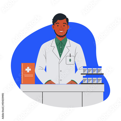 A flat illustration of a pharmacist standing on a medicine counter 

