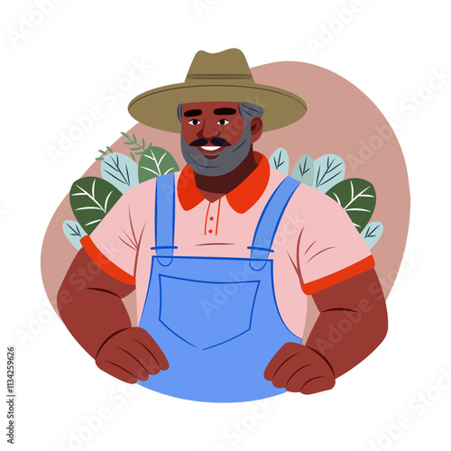 A flat illustration of a smiling farmer 


