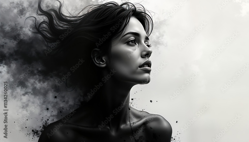 Black, white portrait of woman. Abstract style with flowing hair, dramatic lighting. Woman looks forward thoughtfully. Creative photo for art print, wall decor, fashion portfolio. Image embodies Black, white portrait of woman. Abstract style with flowing hair, dramatic lighting. Woman looks forward thoughtfully. Creative photo for art print, wall decor, fashion portfolio. Image embodies