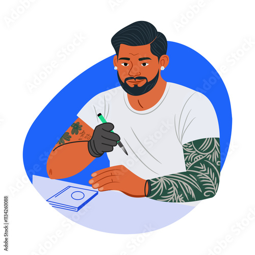 Professional tattoo artist illustration in a flat style 
