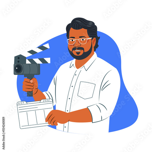 A flat illustration of film director holding a camera 
