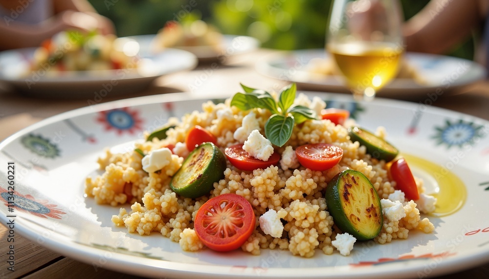 Colorful couscous salad with cherry tomatoes, zucchini, and feta cheese served on a patterned plate
Colorful couscous salad with cherry tomatoes, zucchini, and feta cheese served on a patterned plate