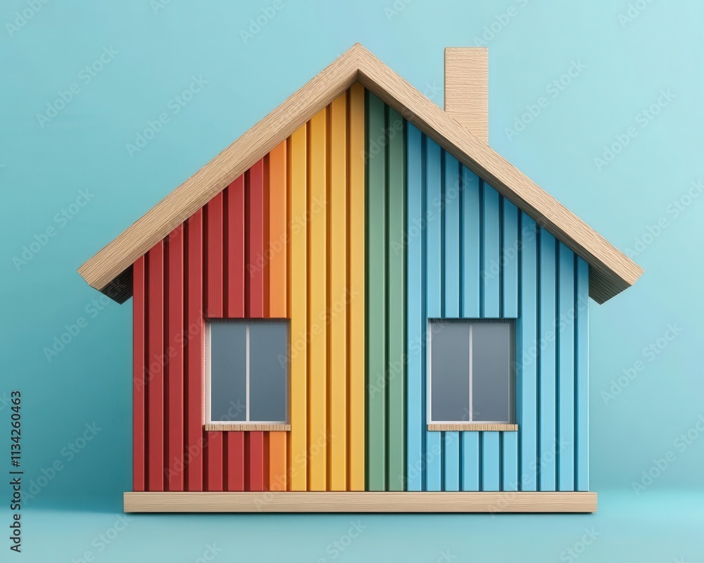 A colorful wooden house model with vibrant vertical stripes, showcasing creativity and modern design against a blue background. A colorful wooden house model with vibrant vertical stripes, showcasing creativity and modern design against a blue background.