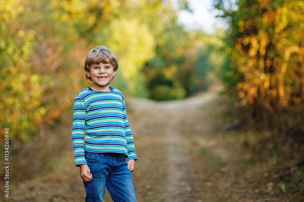 Portrait of little cool kid boy in forest. Happy healthy child having fun on warm sunny day early autumn. Family, nature, love and active leisure. Portrait of little cool kid boy in forest. Happy healthy child having fun on warm sunny day early autumn. Family, nature, love and active leisure.