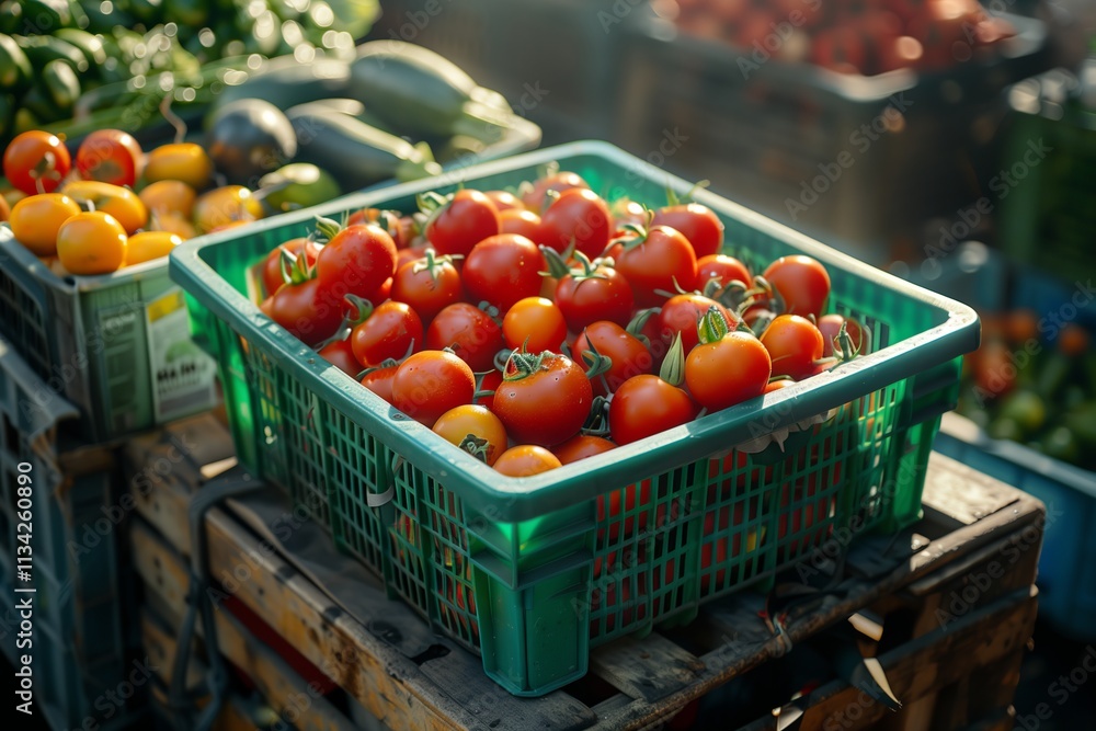 Fresh, ripe tomatoes in a green basket at a local market, showcasing vibrant produce. Fresh, ripe tomatoes in a green basket at a local market, showcasing vibrant produce.