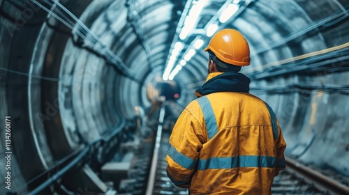 Tunnel worker during construction at tunnel railway underground construction