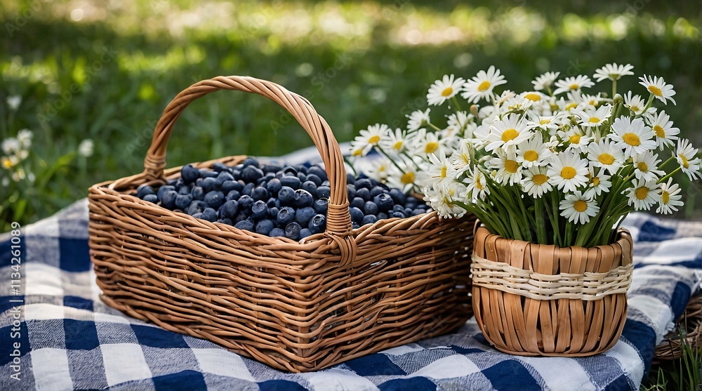 Spring picnic still life featuring a basket of fresh blueberries and a vibrant bouquet of daisies on a checked blanket amidst a lush green meadow Spring picnic still life featuring a basket of fresh blueberries and a vibrant bouquet of daisies on a checked blanket amidst a lush green meadow
