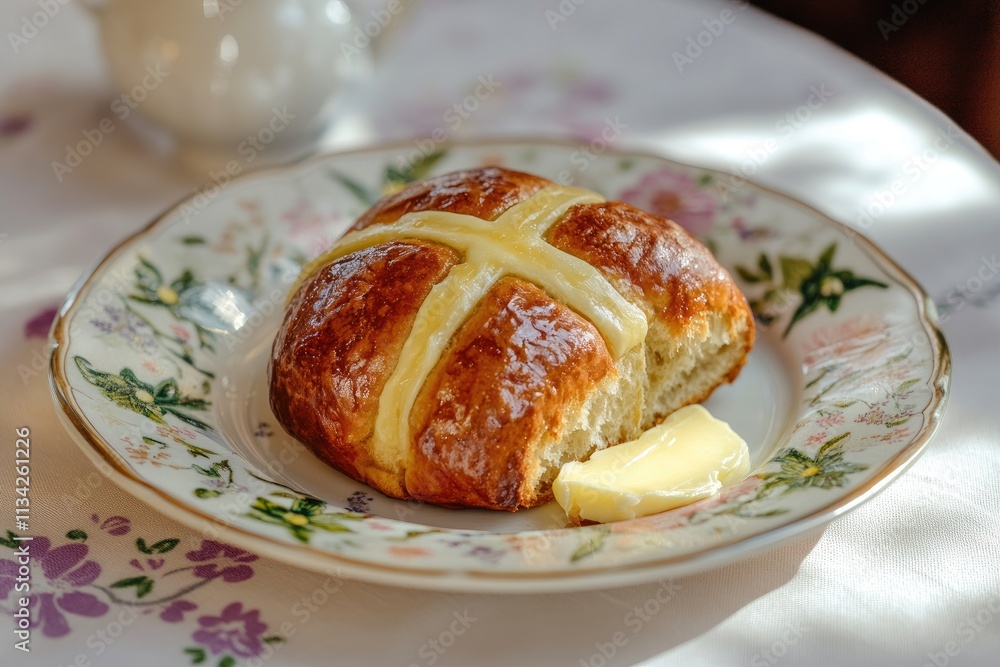 A hot cross bun with a pat of melting butter on a spring - themed plate A hot cross bun with a pat of melting butter on a spring - themed plate