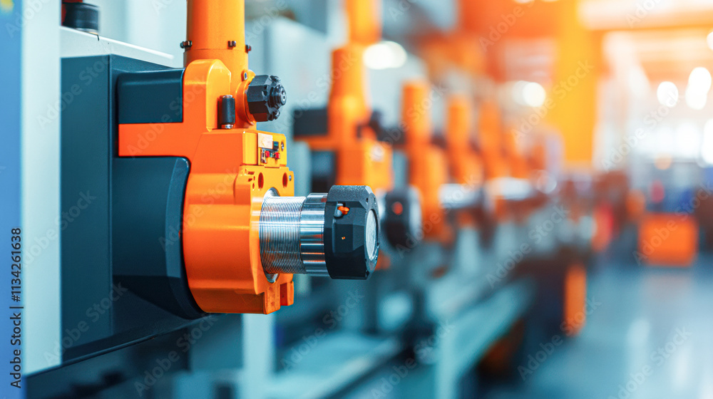 A machine with a yellow part is in a factory A machine with a yellow part is in a factory